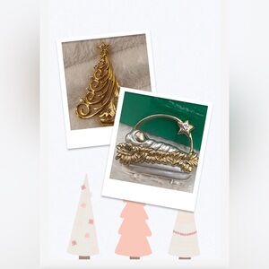 Vintage Christmas Brooch Lot Gold Tree & Nativity Manger Pin Bundle